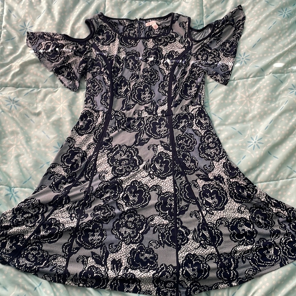 Dressbarn Blue and White Floral, Open-Shoulder Dress (Size: 10)